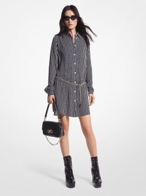 Michael Kors Striped Georgette Belted Shirtdress Kleid Damen Schwarz | DN1205847