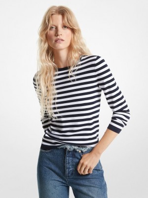 Michael Kors Striped Stretch Knit Sweater Pullover Damen Mdntbl/Wht | MK7569304