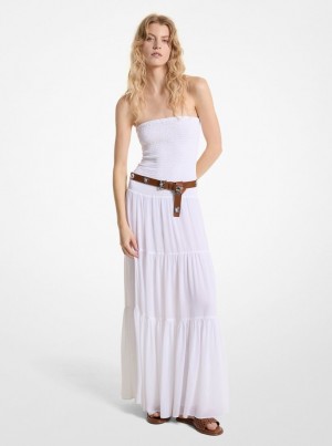 Michael Kors Tiered Smocked Georgette Maxi Dress Kleid Damen Weiß | RX4561329