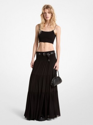Michael Kors Tiered Smocked Georgette Maxi Skirt Röcke Damen Schwarz | ON0718625