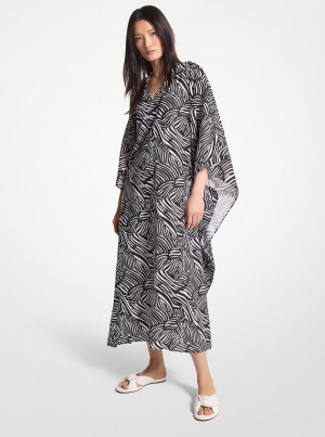Michael Kors Zebra Organic Cotton Lawn Caftan Dress Kleid Damen Schwarz Weiß | IW8716354