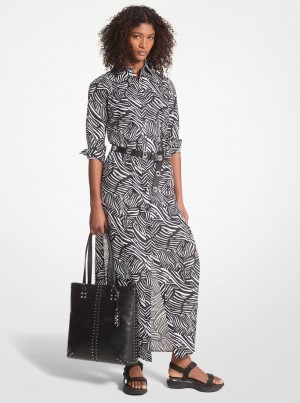 Michael Kors Zebra Print Organic Cotton Lawn Shirtdress Kleid Damen Schwarz Weiß | GU6839741