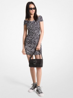 Michael Kors Zebra Print Stretch Matte Jersey Off-The-Shoulder Dress Kleid Damen Schwarz Weiß | RI1096583