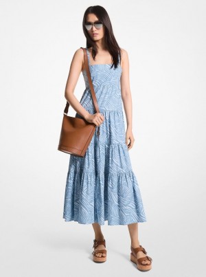 Michael Kors Zebra Print Stretch Organic Cotton Poplin Dress Kleid Damen Chambray | RH6349580